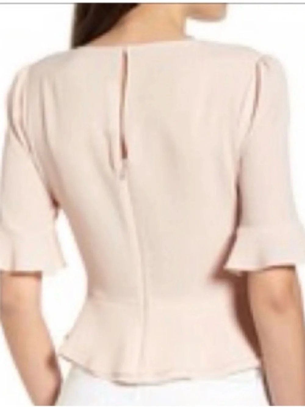 ASTR The Label Blush Swiss Dot Ruched Peplum Top Puff Sleeve S